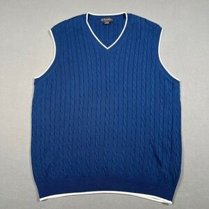 Brooks Brothers Sweater Vest Mens XL Blue Cable Knit Supima Cotton V Neck Tennis